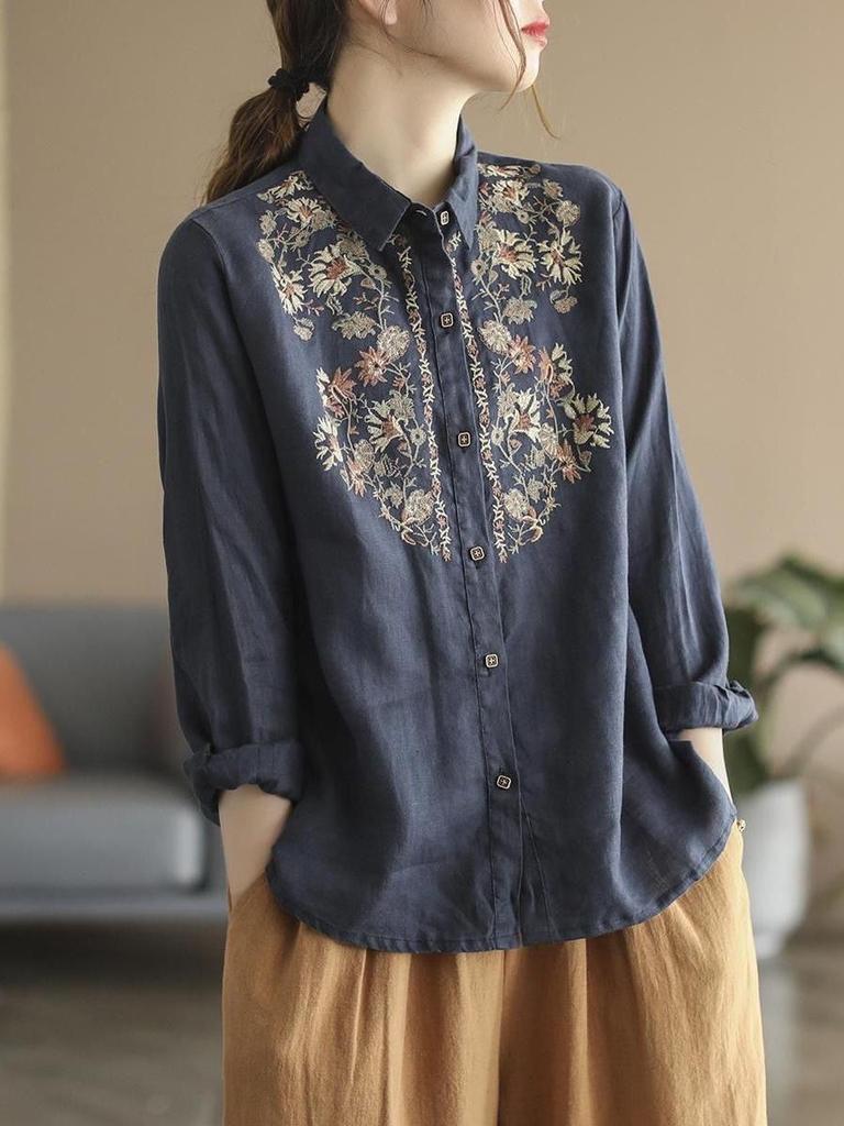 Retro Ethnic Embroidered Cotton Linen Blouse - Women's Long Sleeve, Spring 2025.