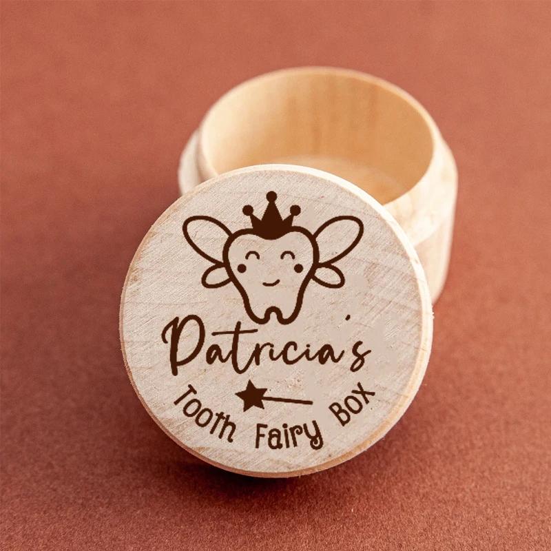 1PCS Free Personalized Tooth Fairy Wooden Box Round Tooth Fairy Holder Birthday Gift for Girls Boys Name Milk Tooth And Curl Box