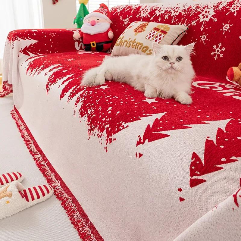 Christmas Style Couch Covers for Sofas Living Room New Year Decoration Chenille Red Throw Blanket Winter Universal Slipcovers