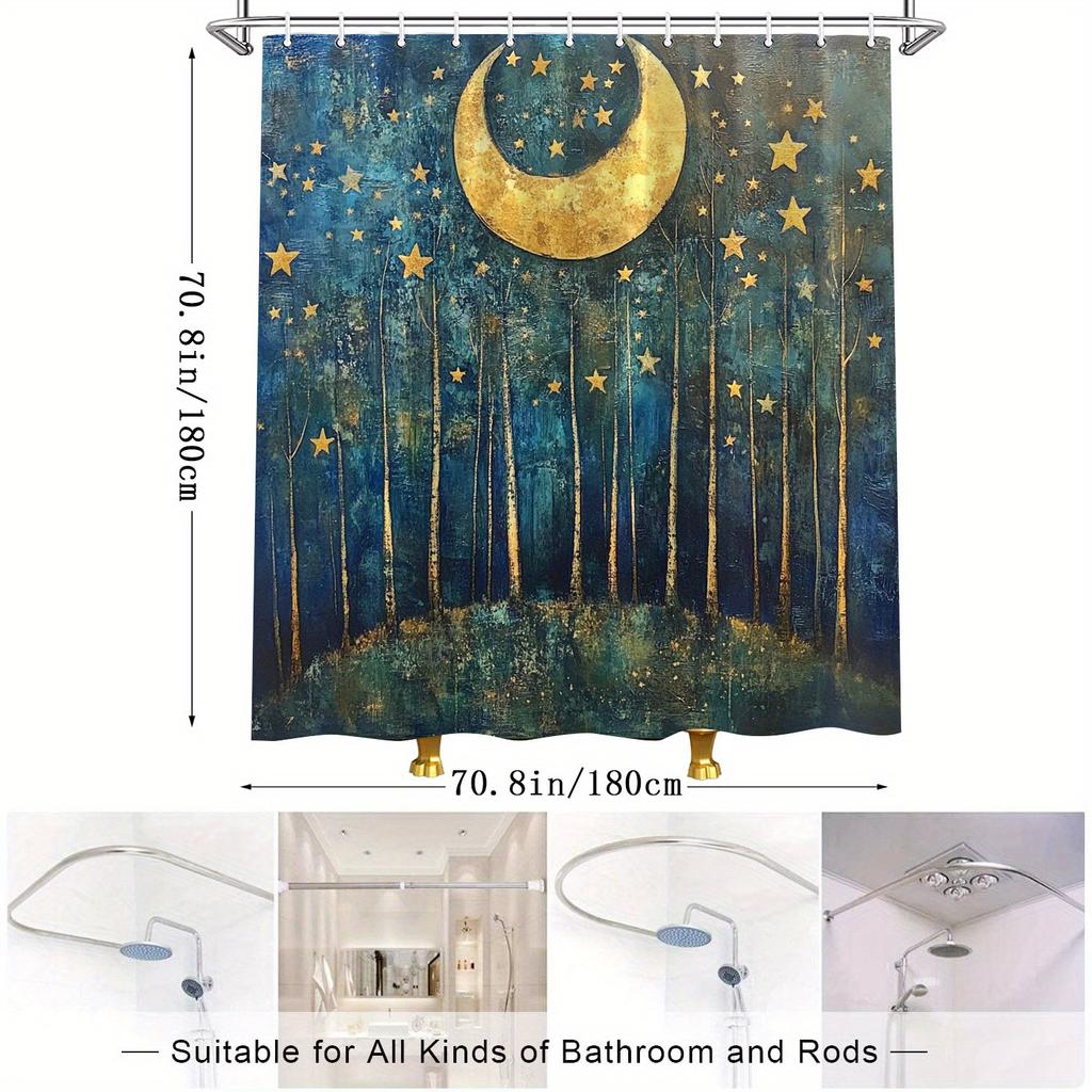 Mystical Forest Starry Night Shower Curtain - Golden Crescent Moon, Dreamy Polyester, Perfect for Bathroom or Patio Decor