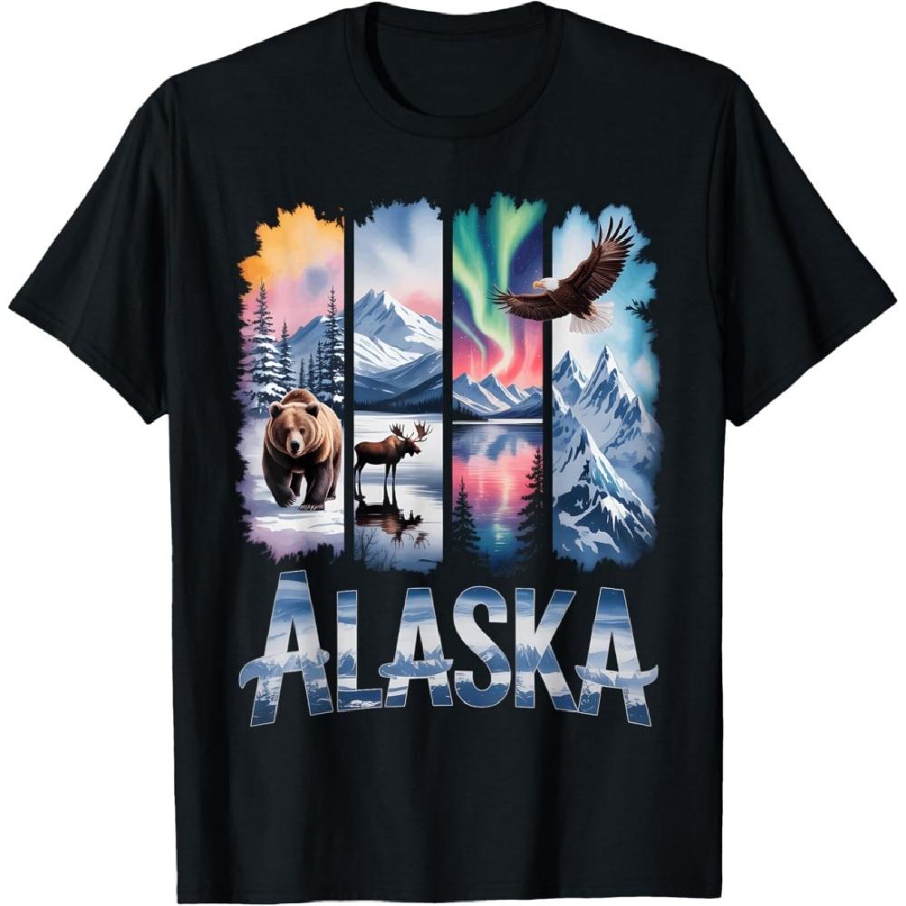 

Alaskan Bear Moose Eagle Lake And Mountain Aurora Borealis T-Shirt(1) S