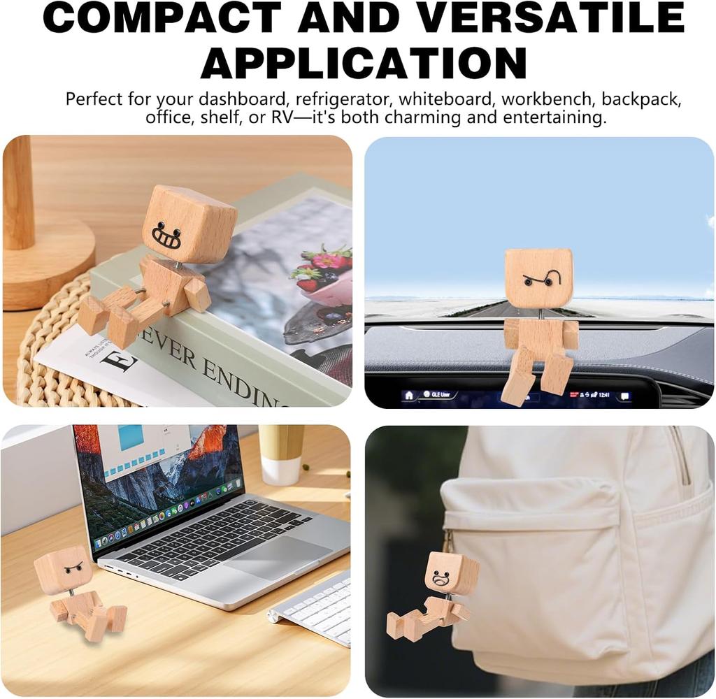 Drewniana figurka tańczącego człowieka, Urocza mała drewniana figurka, która się kiwa, Drewniana lalka z kiwającymi się stopami do deski rozdzielczej samochodu z 12 sztukami magnetycznych śmiesznych wyrazów