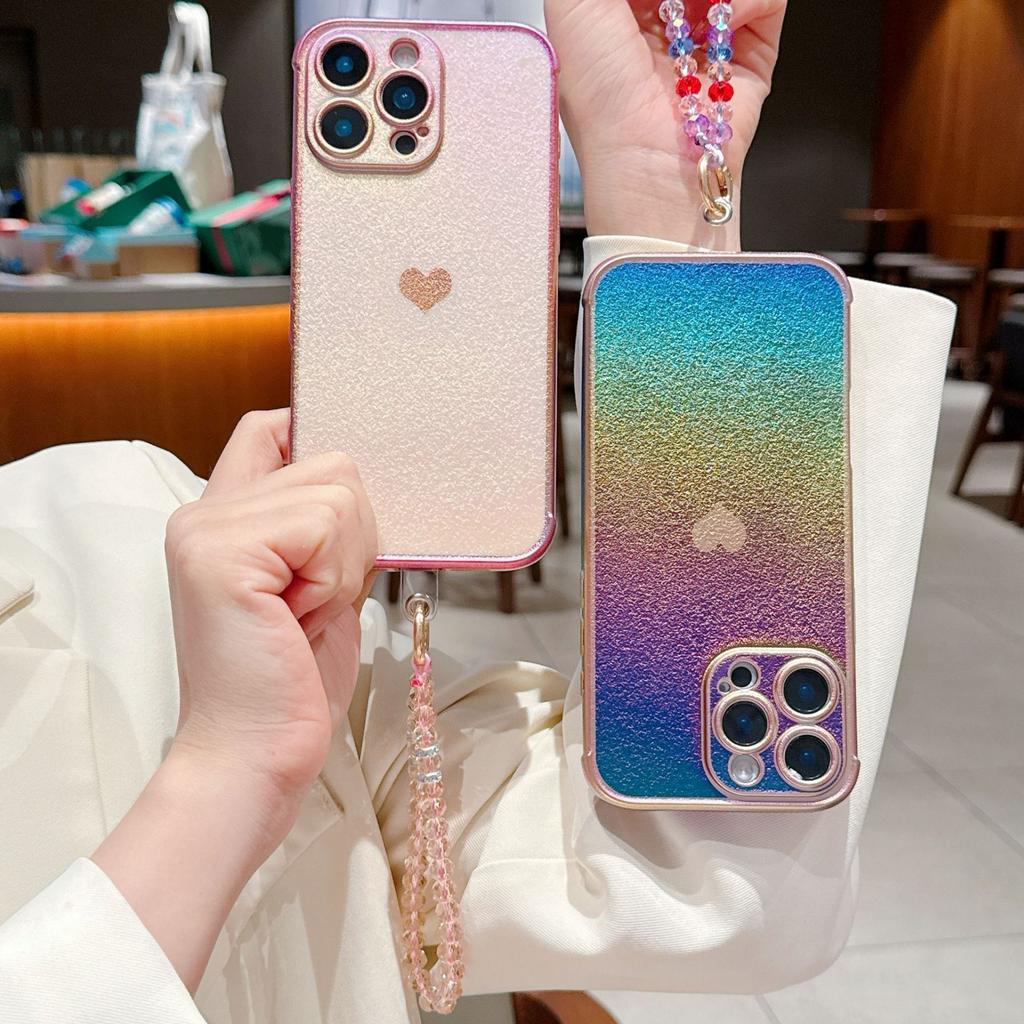 Applicable iPhone16Promax silk side love mobile phone case Apple 15 protective case crystal lanyard