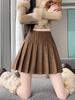 Versatile A-Line Pleated Midi Skirt with Lining - Slimming Retro Brown for Petite and Plus Size Figures
