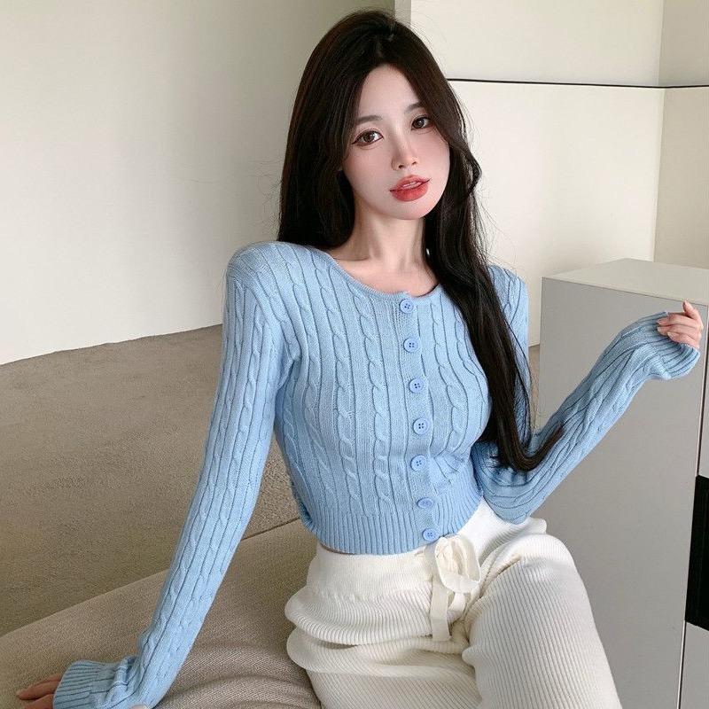 

Вязаный кардиган, женское пальто, свитер с длинным рукавом и круглым вырезом, винтажные тонкие короткие топы One Size