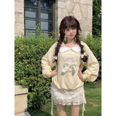 Spring Autumn Kawaii Lolita Sweatshirts Women Cute Cartoon Sheep Embroidery Peter Pan Collar Pullovers Coat Y2k Loose Hoodies