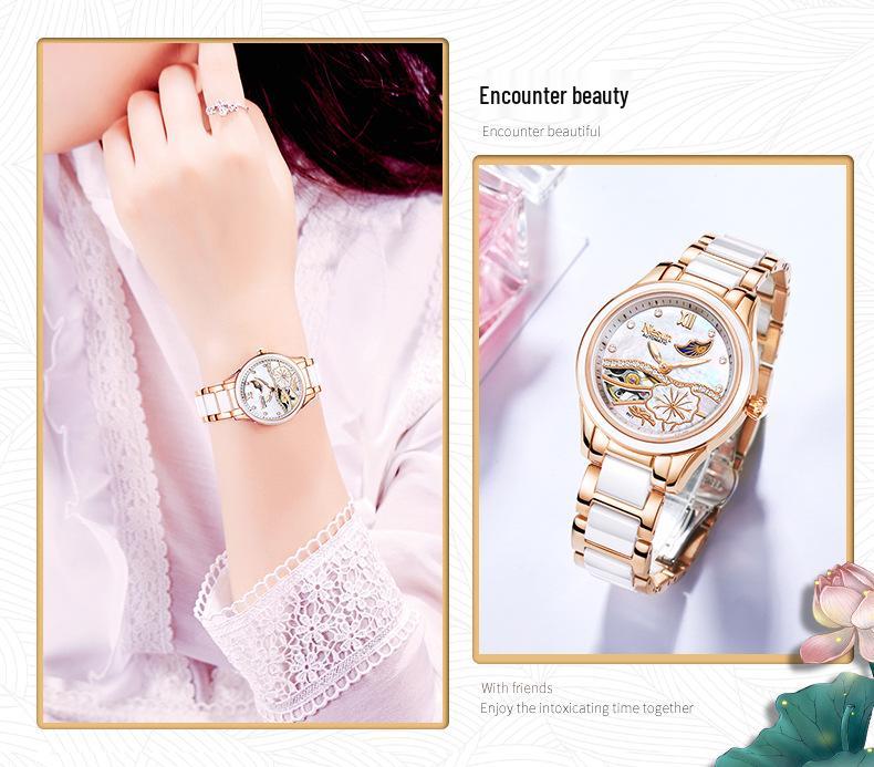 Montre Mécanique Automatique pour Femme NESUN - Élégante, Lumineuse, Étanche, Design Squelette pour Cadeau de Saint-Valentin