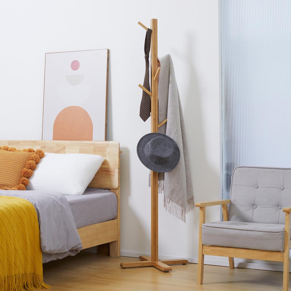 Bamboo Coat Rack, Clothes Rack, 8 Hooks, Natural Wood