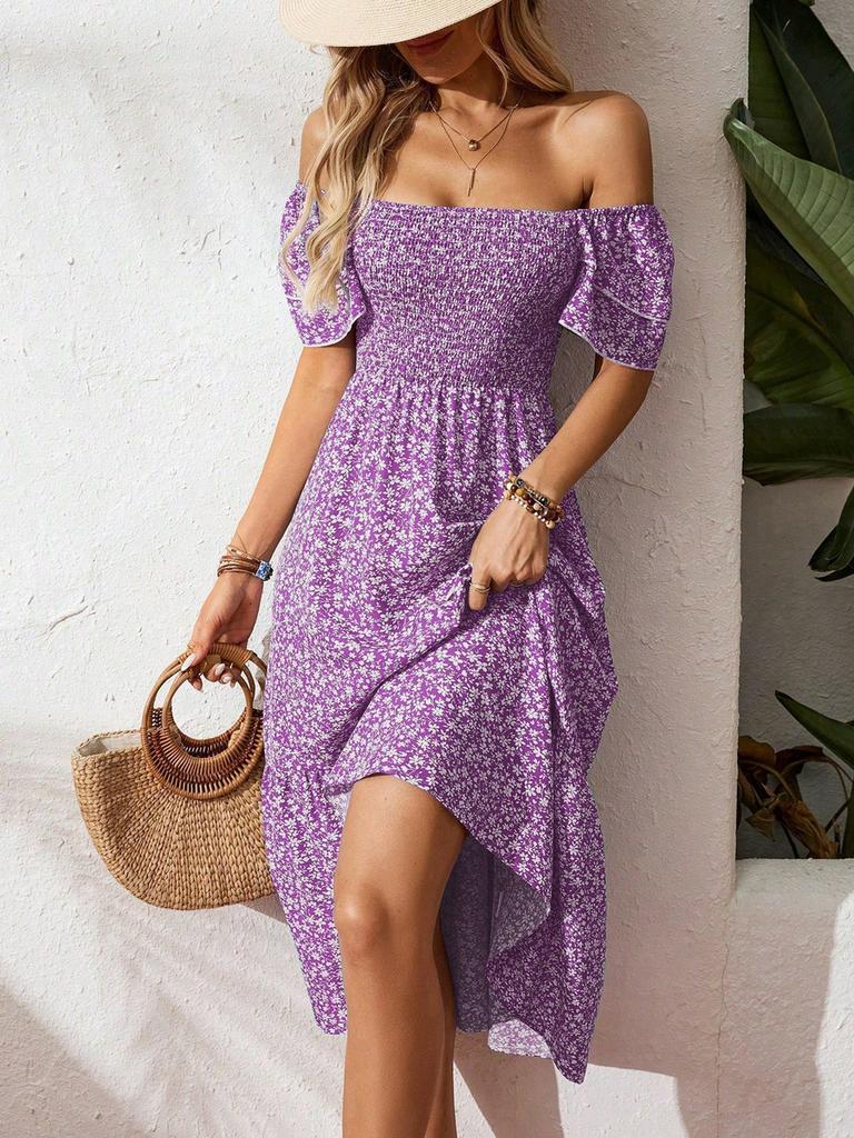 New Wish Bestseller Square Neck Bubble Sleeve Floral Ruffled Dress Long Dress
