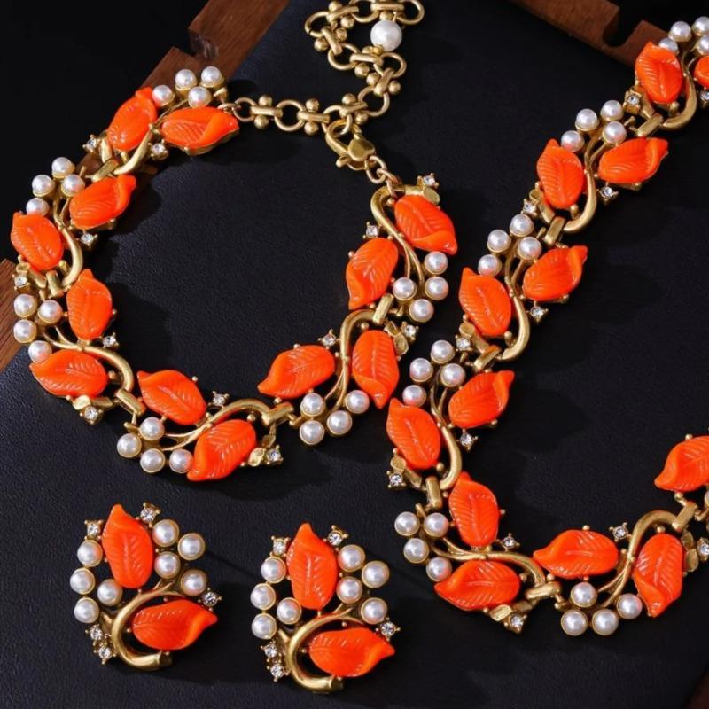 KEQIU Retro Style Leaf Design Elegant Pearl Design Bracelet Earrings Necklace High-end Vintage Jewelry Set
