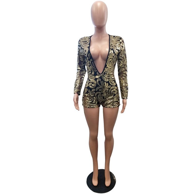 

Комбинезон с глубоким V-образным вырезом, с принтом и пайетками, Комбинезон с глубоким V-образным вырезом, с принтом и пайетками, Новый Golden L