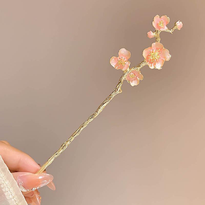 Classic Hair Stick Peach-blossomhair Chopsticks Gold Plated Prong Updo Chignon Hairpin For Women Chinese Hanfu Hair Accessories