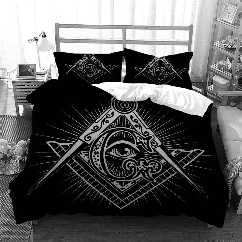 Masonic Freemason Illuminati  Bed Ensemble Boys Girls Twin Size Queen Dimension Size Bedspread Cover Pillowcase Bed Kids Adult