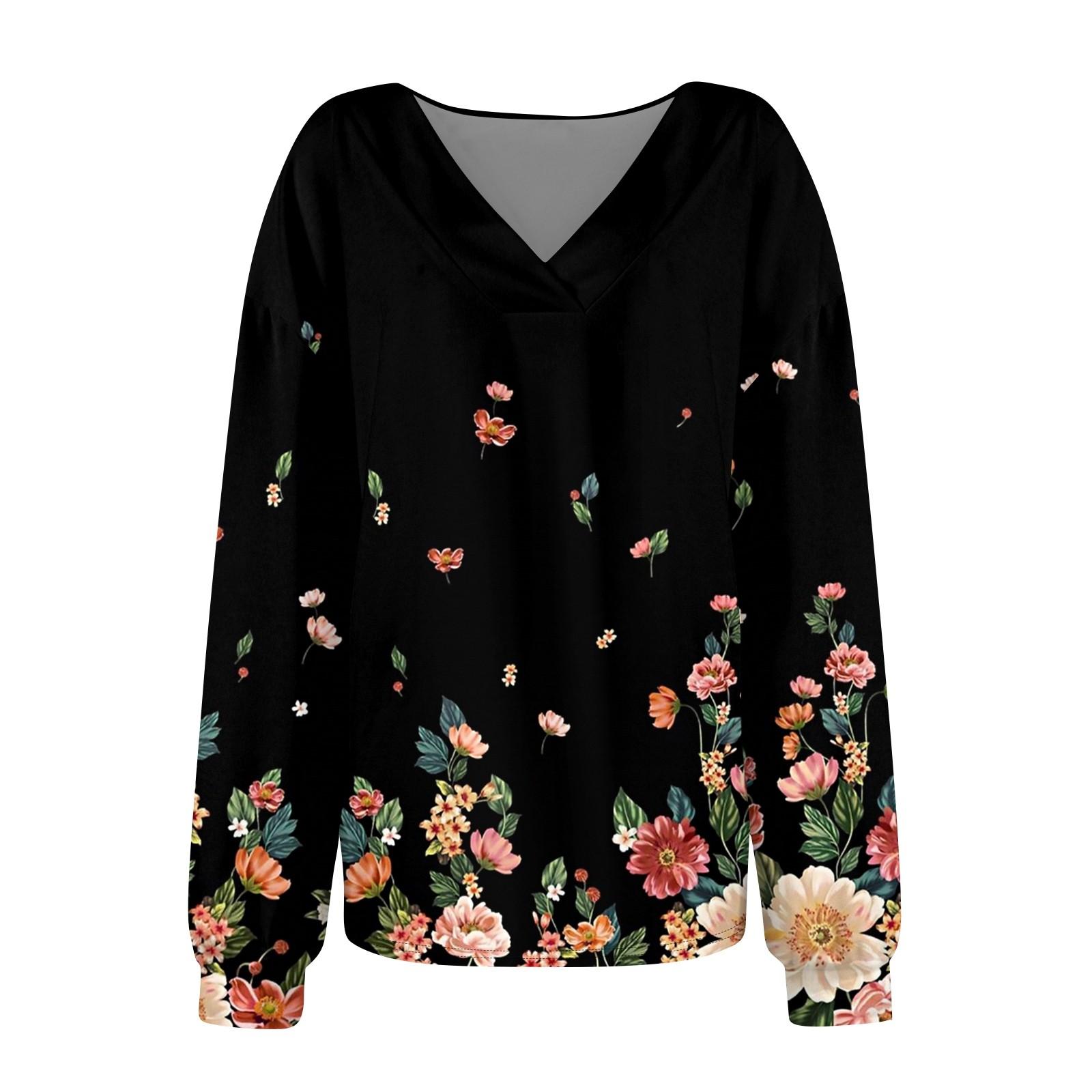 Женская мода V-образный вырез длинный рукав принтованный свободный пуловер свитшот топ XL — фото 3