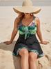 European & American Plus Size Tankini Swim Skirt Set with Printed Green Leaves