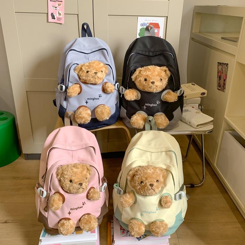 Schoolbag Korean Version Cute Bear Backpack Ins Wind Junior High School Large Capacity Student Schoolbag Casual Versatile Travel Backpack