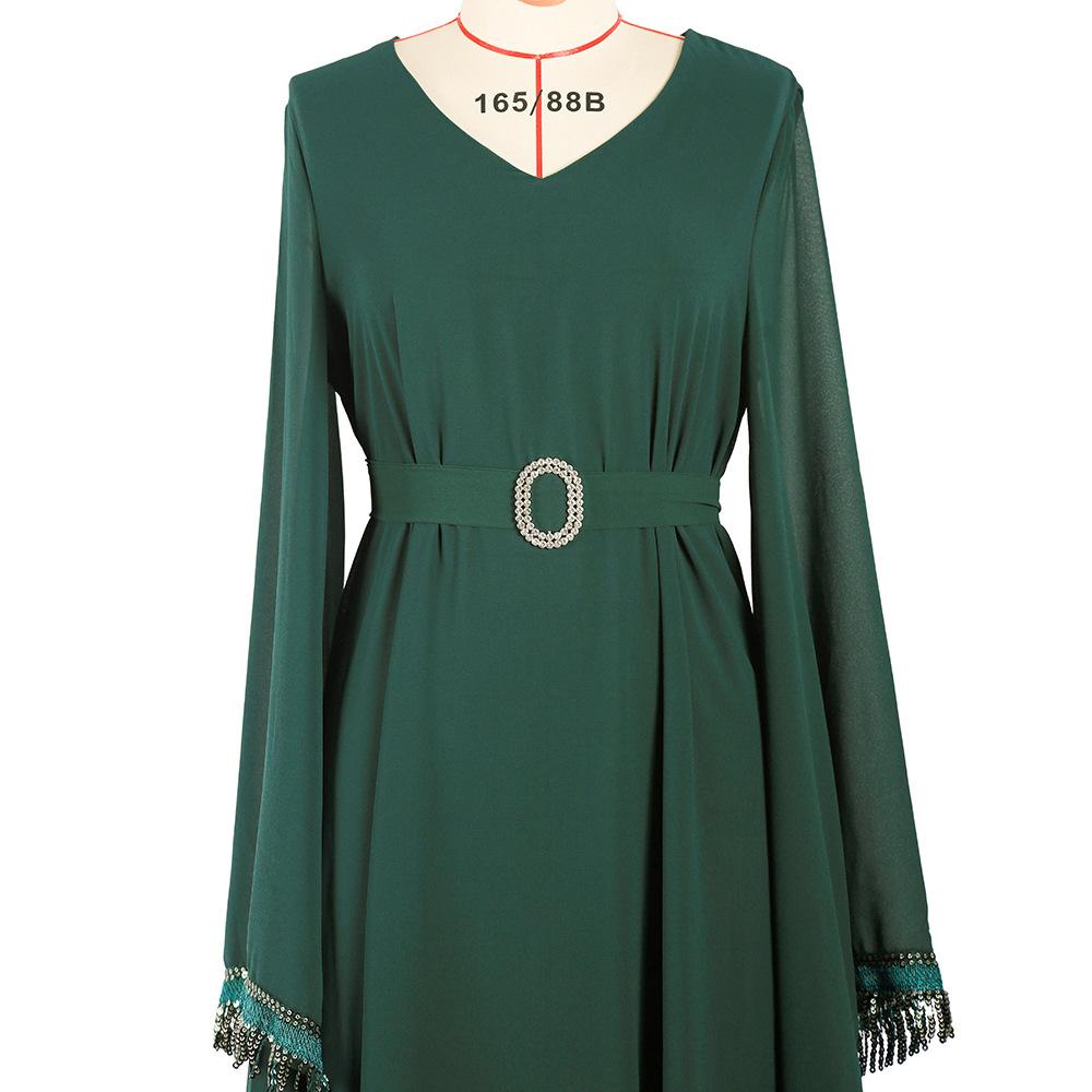 Women's Clothing Dark Green Chiffon Fringe Bell Sleeve Slim Fit Muslim Dress