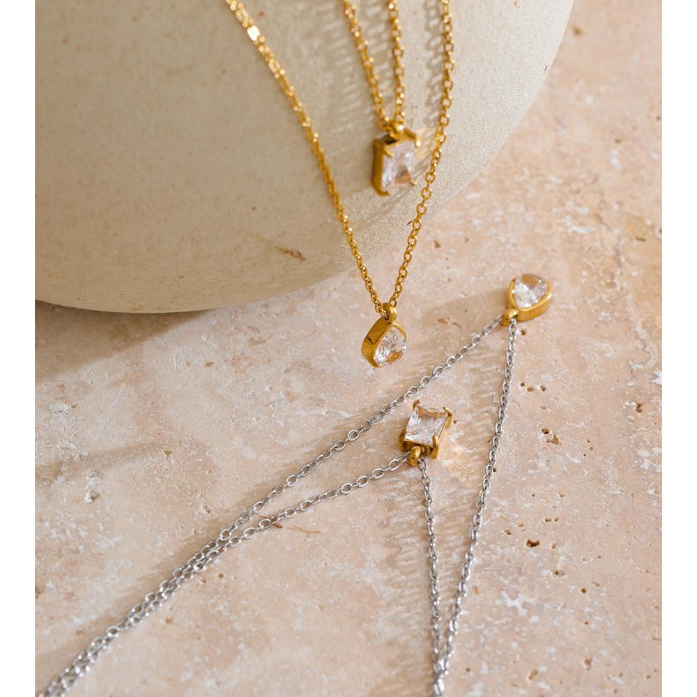 Yhpup Classic Stainless Steel Bling Cubic Zirconia Water Drop Double Layer Stacking Korean Necklace Pendant Chic Popular Jewelry