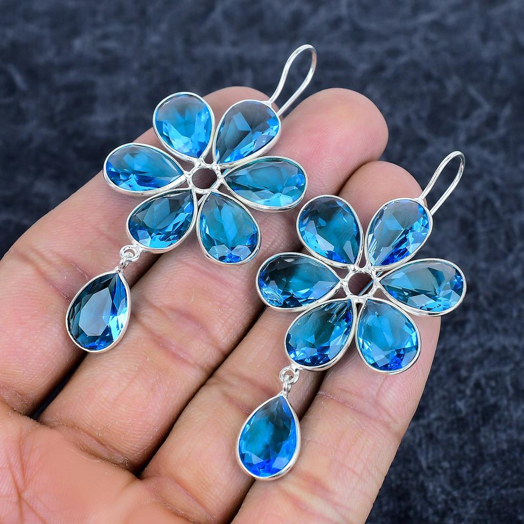 Blue Topaz Gemstone Handmade 925Sterling Silver Jewelry Earring 2.76" M-3140