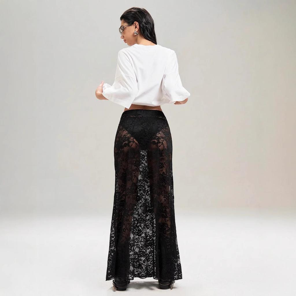 Women High Waist Floral Lace Maxi Skirt, Solid Sheer Bodycon Long Skirt, Streetwear Slim Fit See Through Skirt for Spring Daily Club Trendy Outfits