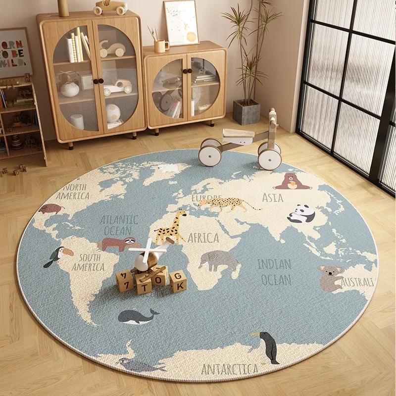 Kulatý koberec Dětský hrací koberec Vzor mapy světa Koberec do obývacího pokoje Ložnice Protiskluzová, odolná proti nečistotám Rohožka Dekorace do domácnosti