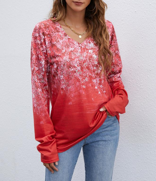 Europe, America wish Amazon independent station autumn and winter new V-neck printing long-sleeved women's T-shirt top