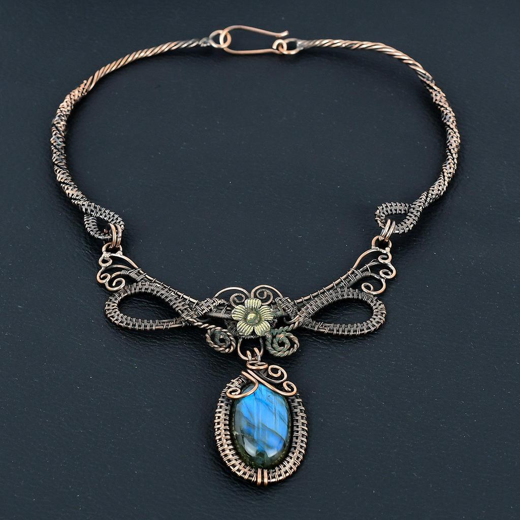 Labradorite Necklace Handmade Jewelry, 999 Copper Wire Wrapped Necklace Designer Gemstone Jewelry Adjustable Chain Necklace Gift For Mom