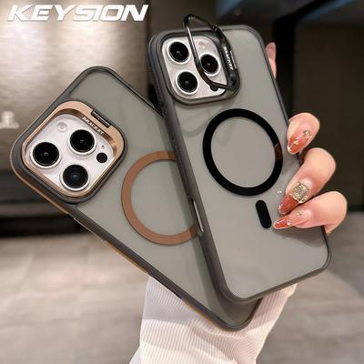 KEYSION MagSafe Uyumlu Şeffaf Manyetik Lens Standlı Kılıf iPhone 14 15 16 Pro Max 16 Plus Renk Bloklu Darbeye Dayanıklı Telefon Kılıfı