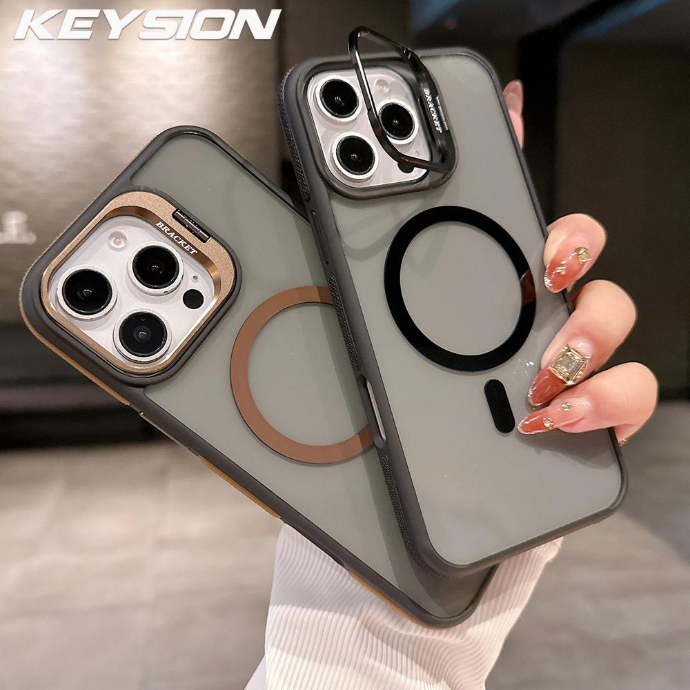 KEYSION Transparent Magnetic Lens Stand Case for MagSafe for iPhone 14 15 16 Pro Max 16 Plus Color Blocking Shockproof Phone Cover