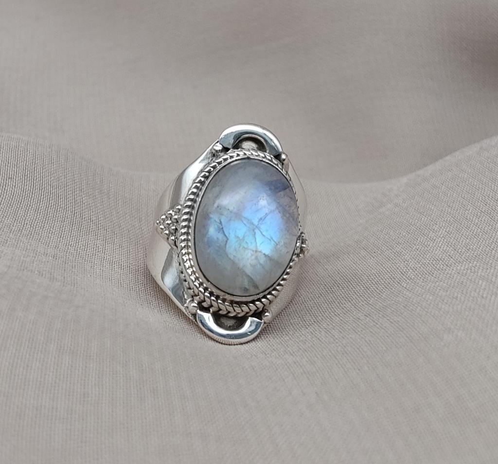 Rainbow Moonstone Ring: Sterling Silver Statement Jewelry, Artisan Boho Design
