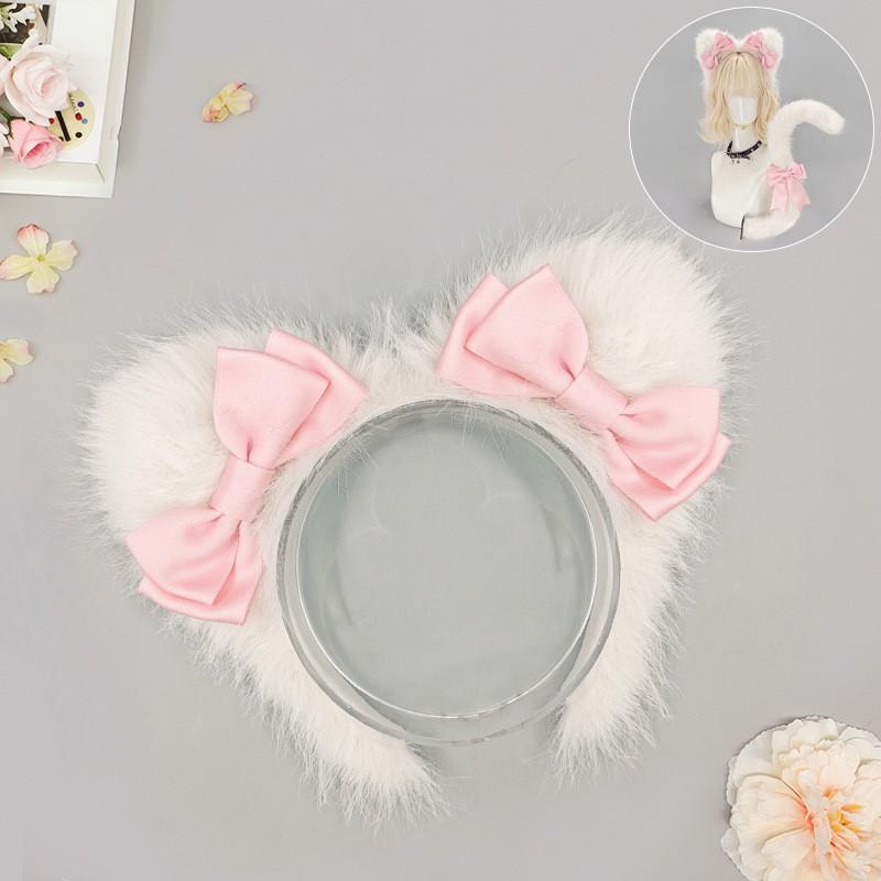Süßes Katzenohren-Stirnband mit Schwanz-Set Cosplay Anime Convention Lolita Kostümzubehör Plüsch Weiß Rosa Blau Rot Schwarz