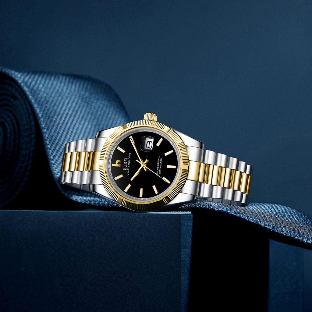 BUREI Waterproof Quartz Analog Simple and Popular for Business and Gold and Black Luminous Perfect as a Birthday Gift Men's Watch, Fashion, Finish,