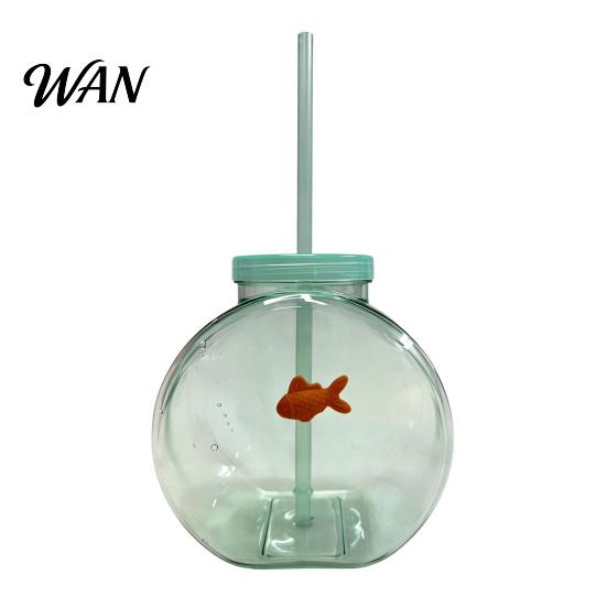 Orange Fish Straw Cup Bowl Bottle with Straw, Plastic Fishbowl Tumblers Lids, Unbreakable Ornament Cups Spill Resistant for Drinks Summer Drink,