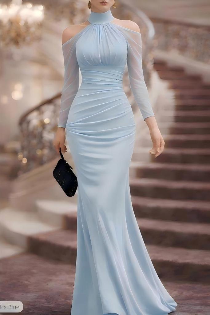 Elegancka Damska Suknia Wieczorowa z Dekoltem Halter Seksowna Modna Długi Rękaw Odsłaniająca Ramiona