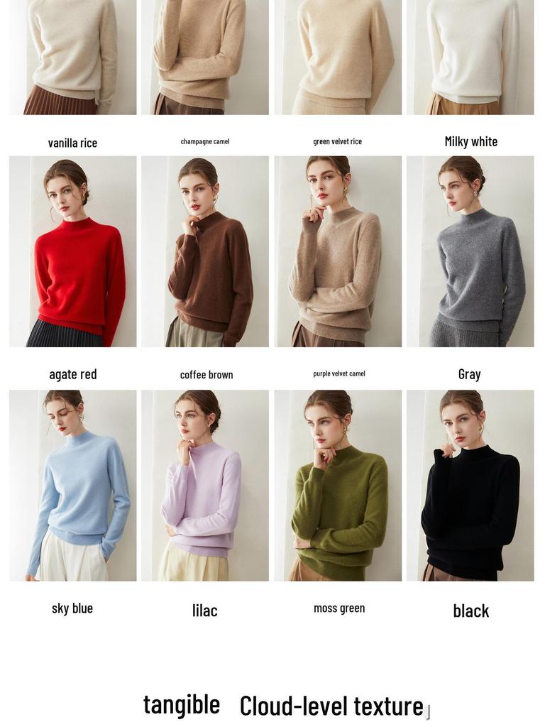Elegant 100% Pure Cashmere Sweater for Women - Half-High Neck, Solid Color Pullover, Perfect for Autumn/Winter