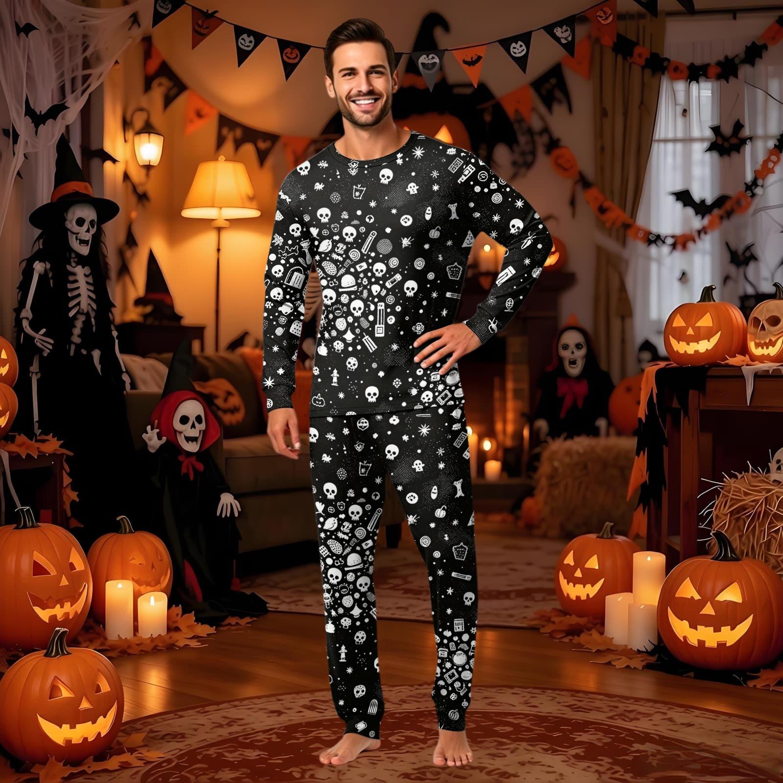 Halloween Family Matching Pajama Set, Printed Neck Long Sleeve Sleepwear, Soft Black, for Kids and Baby XXXL