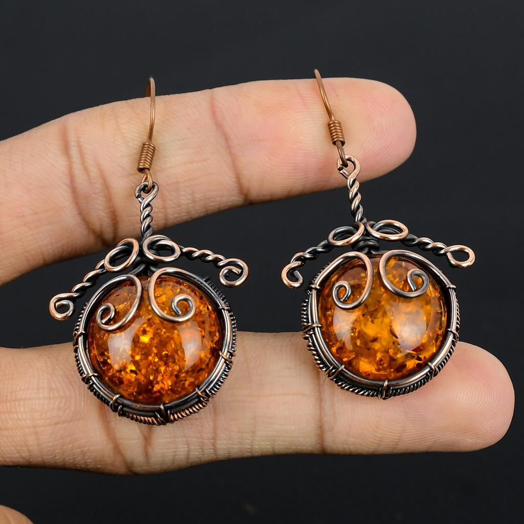 Baltic Amber Earrings, 999 Copper Wire Wrapped Gemstone Jewelry, Handmade Earrings For Mother Day
