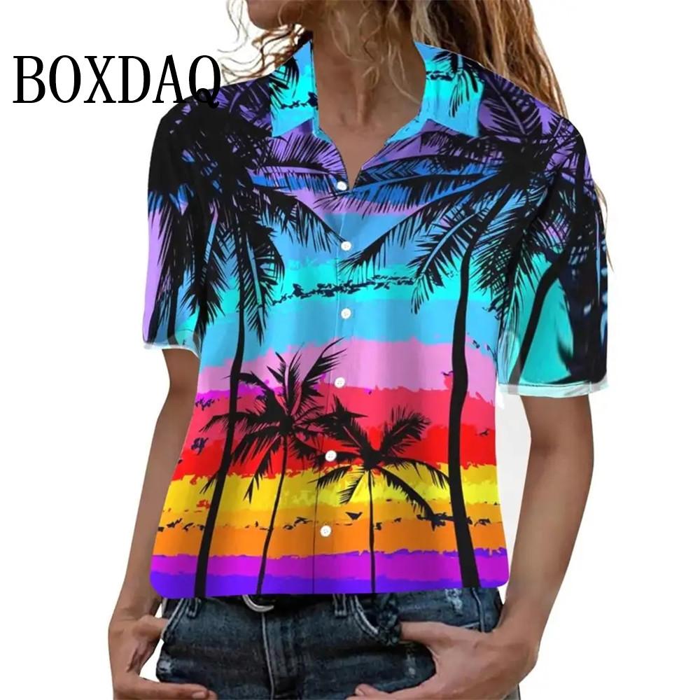 

Summer Fashion Women s Blouse Artistic Hawaiian Palm Tree Print Short Sleeve Lapel Casual Button Shirt Tops Women Hawaiian Shirt S