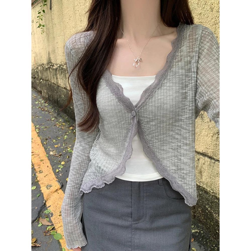 Lace Trim One Button Long Sleeve Crop Top Women Short Sleeve Open Front Ribbed Knit Cardigan Sweater Summer Fairycore Outfit
