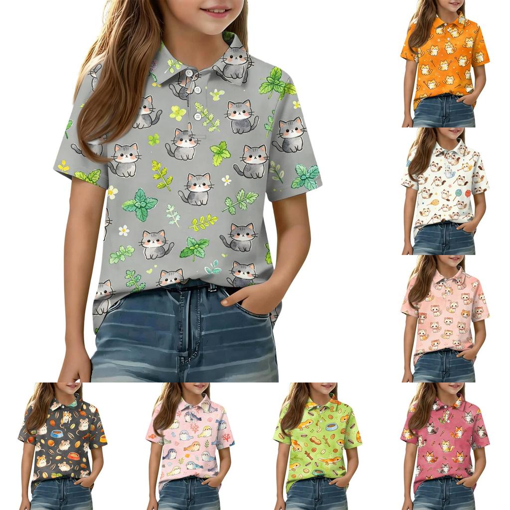 Kids Short Sleeve Polo Shirt Animal Print Casual Top Button Collar Boys Girls Lightweight Summer Tee