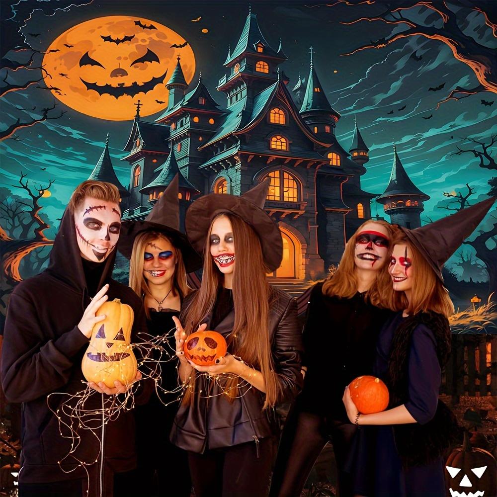 Halloween Castle Background Decorated with Pumpkin and Bat Ornaments - Themed Party Decoration