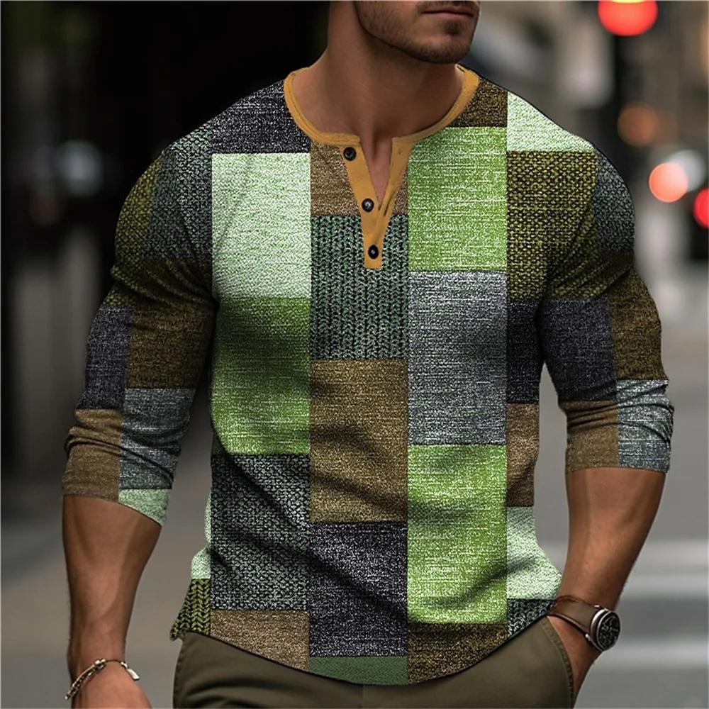 Chemises Henley Patchwork Color Block Automne Impression 3D Mode Homme Vintage Boutonnée Manches Longues T-Shirts Hauts Vêtements pour Homme