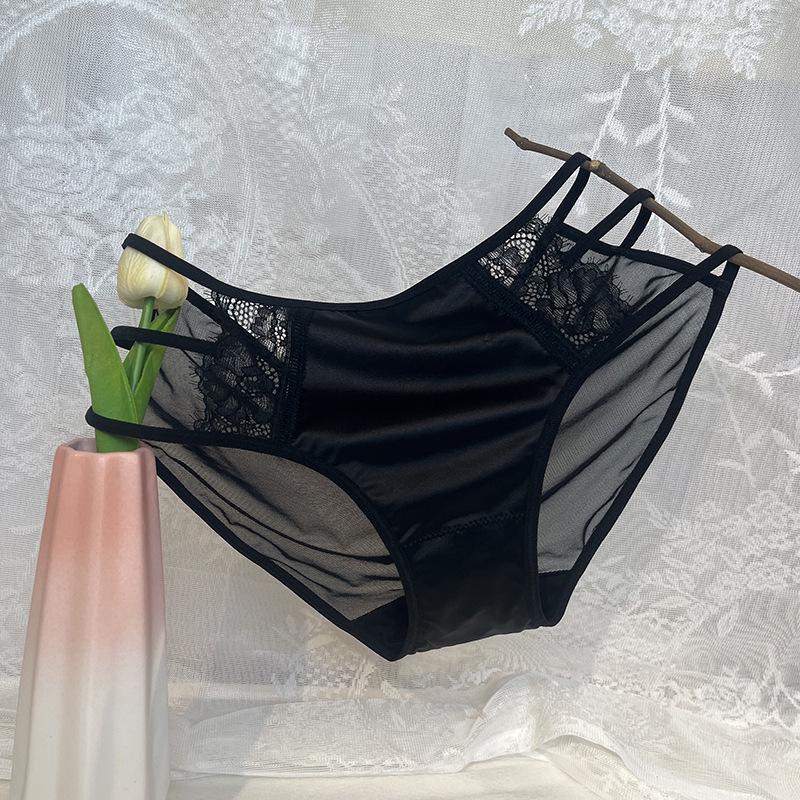 Sexy Damen-Slip aus Satin mit Spitze – atmungsaktiv, bequem, nahtlos, dünn, mit Schritt aus reiner Baumwolle