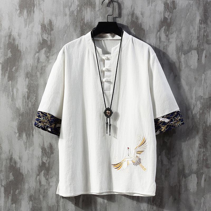 

Мужская льняная футболка с вышивкой, с коротким рукавом, в стиле тан: Легкий, Свободный крой, для лета XXXL белый
