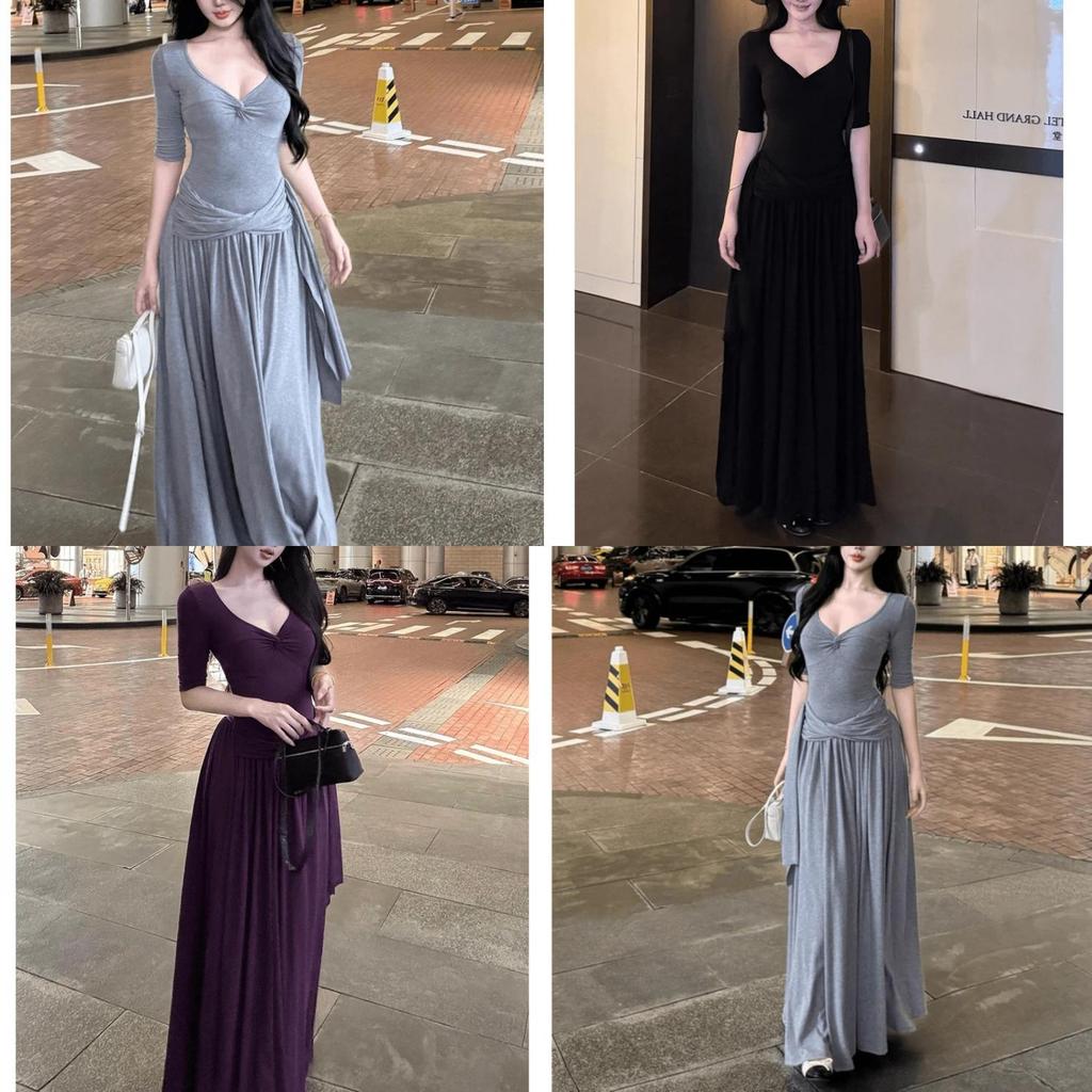 Elegant Gray Vneck Long Dress With High Waist For Autumn Womens Casual Wear