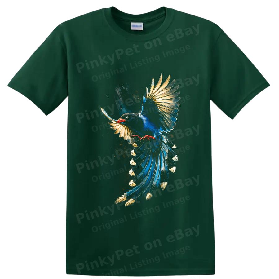 Camiseta Pájaro Urraca en Vuelo Azul Dorado Pluma Arte Amante de la Naturaleza Camiseta Gráfica