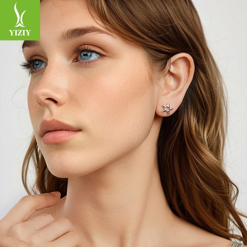 S925 Sterling Silver Hollow Five-Pointed Star Stud Earrings, Simple Personality Trend Star Silver Stud Earrings