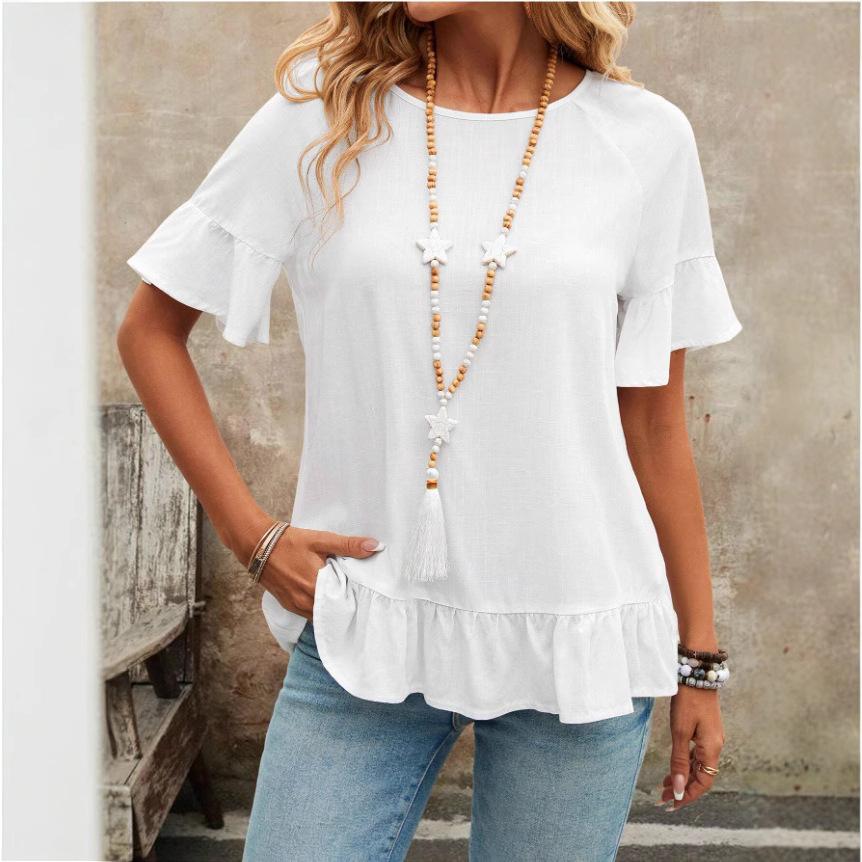 Ladies Summer Short Sleeve O Neck Ruffles Solid Color Casual Pullover Blouse Shirt Top