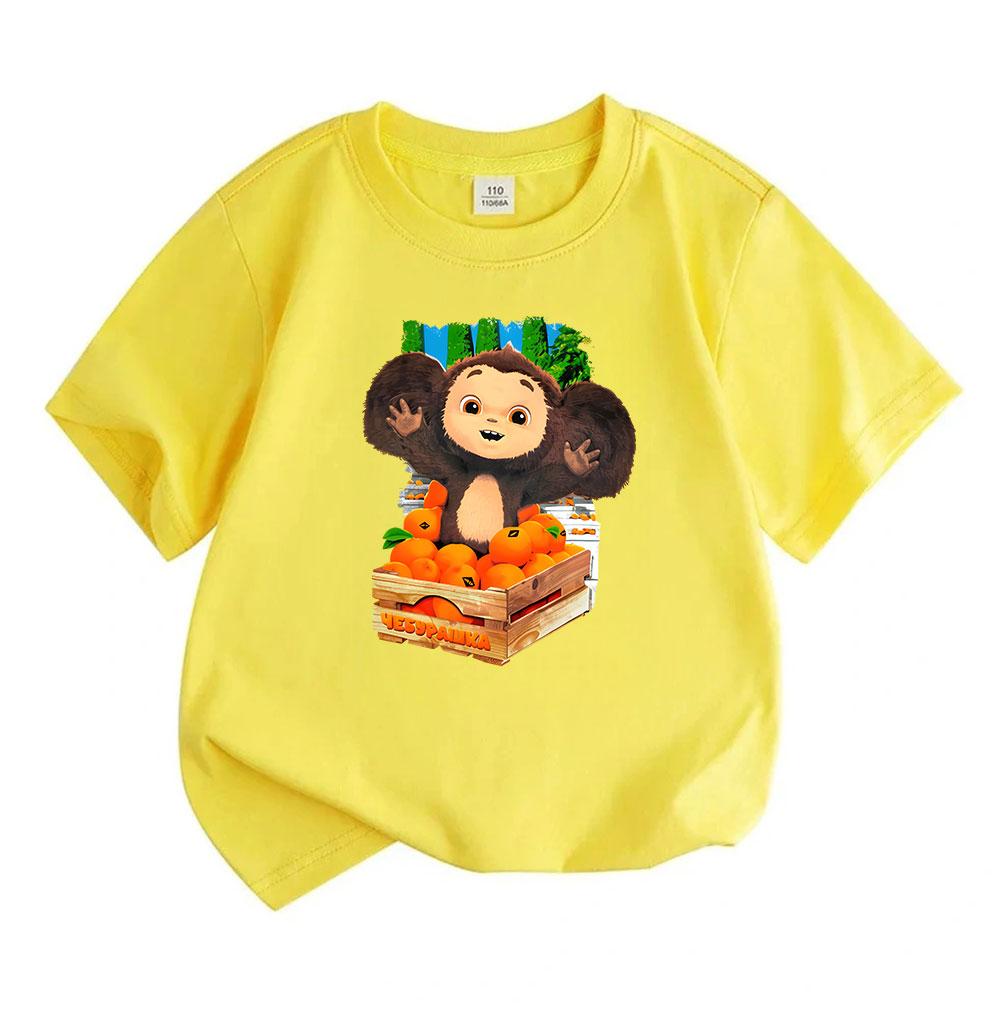 Barn Pojkar Flickor 100% Bomull Rundhalsad Kortärmad T-shirt, Söt Cheburashka Karaktärstryckt Tee med Orange Lådmönster, Casual Andningsbar Sommar T