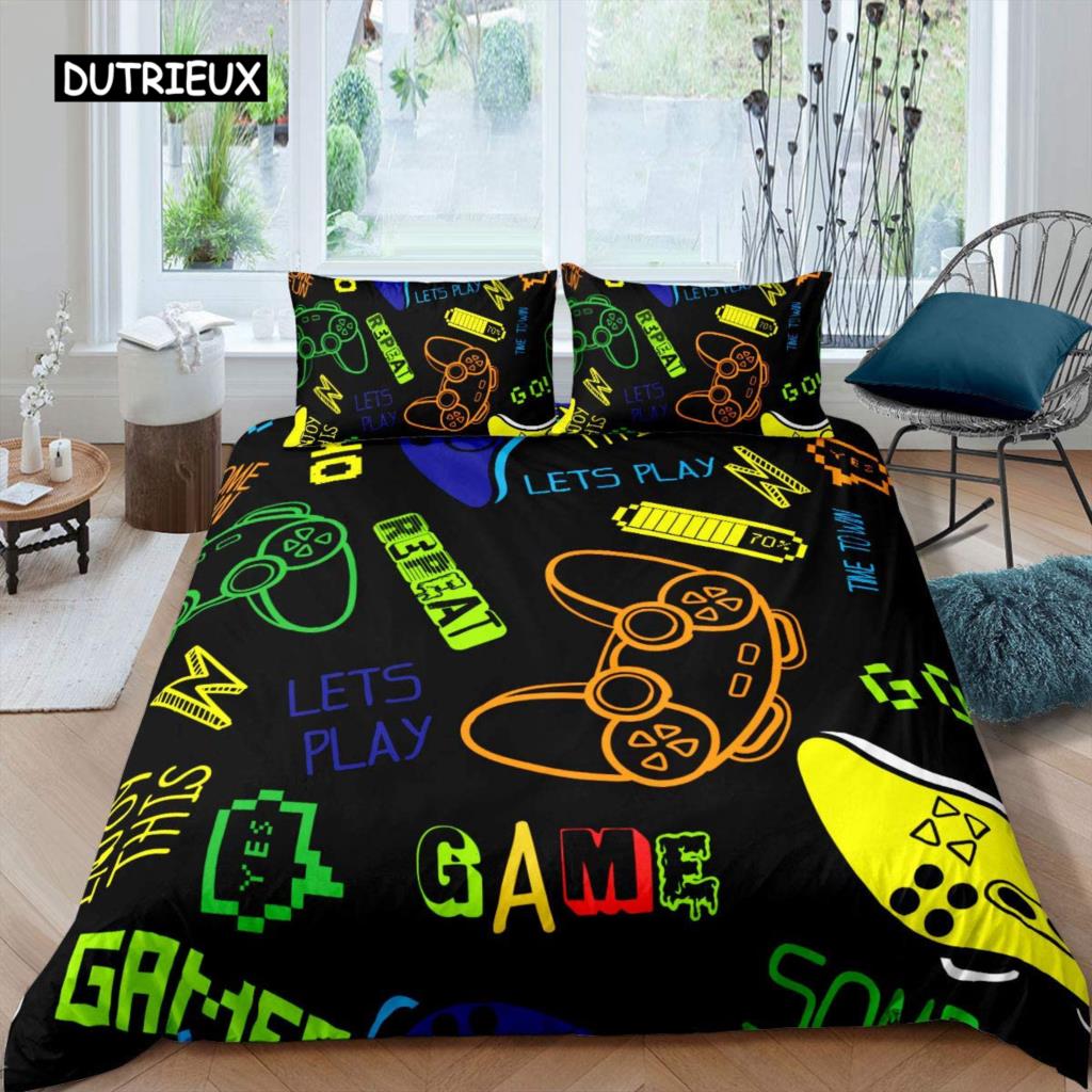 Gaming Bedding Set Game Bed Cover 135 for Adults Kids Soft Microfiber Modern Gamepad Duvet Cover Decorative with Pillowcase